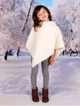 Kids Soft Faux Fur Poncho W/  Tile Pattern and Faux Fur Neckline (3-7 Years Old) 